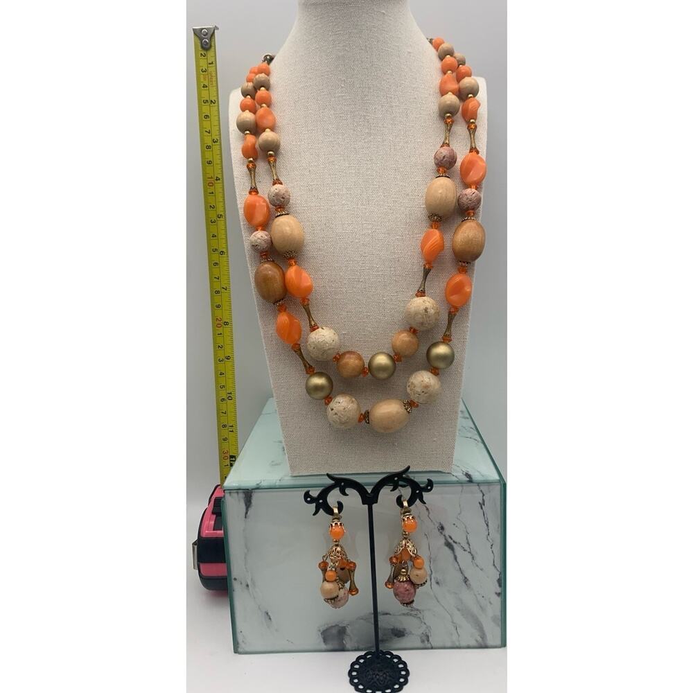 Vintage ART Arthur Pepper Tangerine & Cork Double Strand Necklace & Clip Ons Set